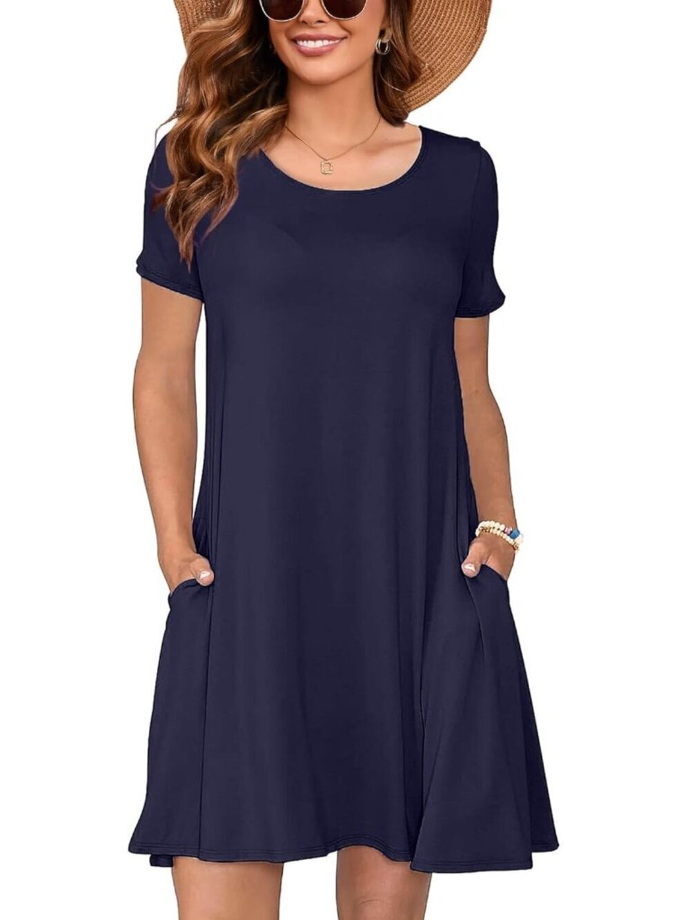 Women's Navy Dresses Summer Short Sleeve Crewneck Swing Dress Casual T-Shirt